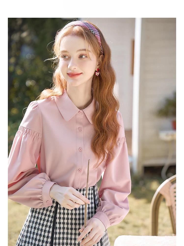 

Shirt Women's Lapel Single Row Multi-Buckle Long Sleeve Stitching Pleated Button Chiffon Spring and Autumn Top Fashion All-Match