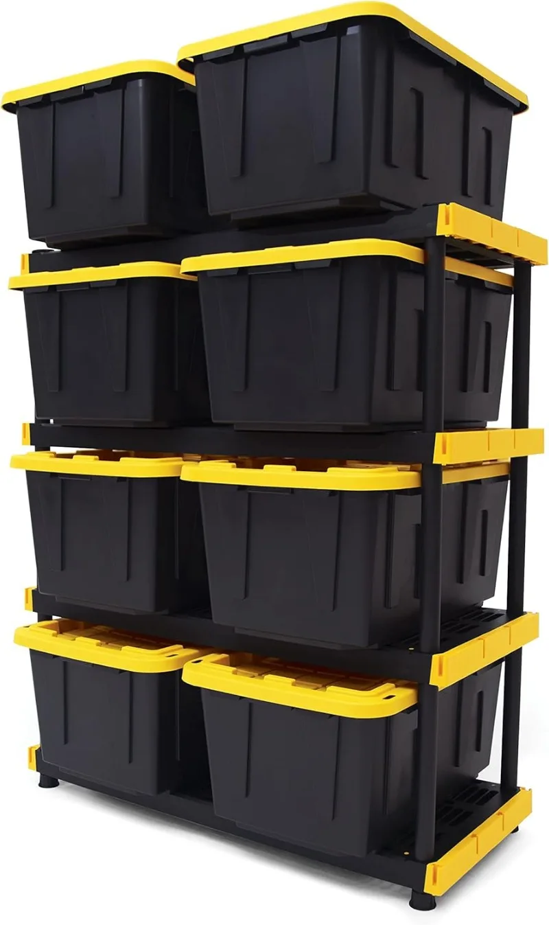 Black & Yellow®, Shelving Unit and Heavy Duty Storage Containers, Extremely Durable® (Shelf + 27 Gallon Container (8-Pack))