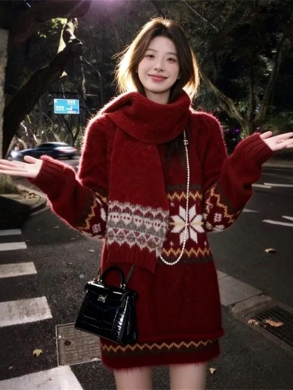 

Красный вязаный свитер с геометрическим рисунком и облегающая юбка, комплект из двух предметов, женская осенне-зимняя модная повседневная одежда, удобная теплая одежда
