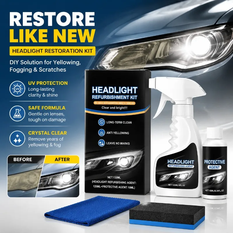 Headlight Restoration Kit - DIY Car Lens Cleaner Repair Yellowing Fogging Scratches, UV Protection, Safe Formula, 120ml + 10ml