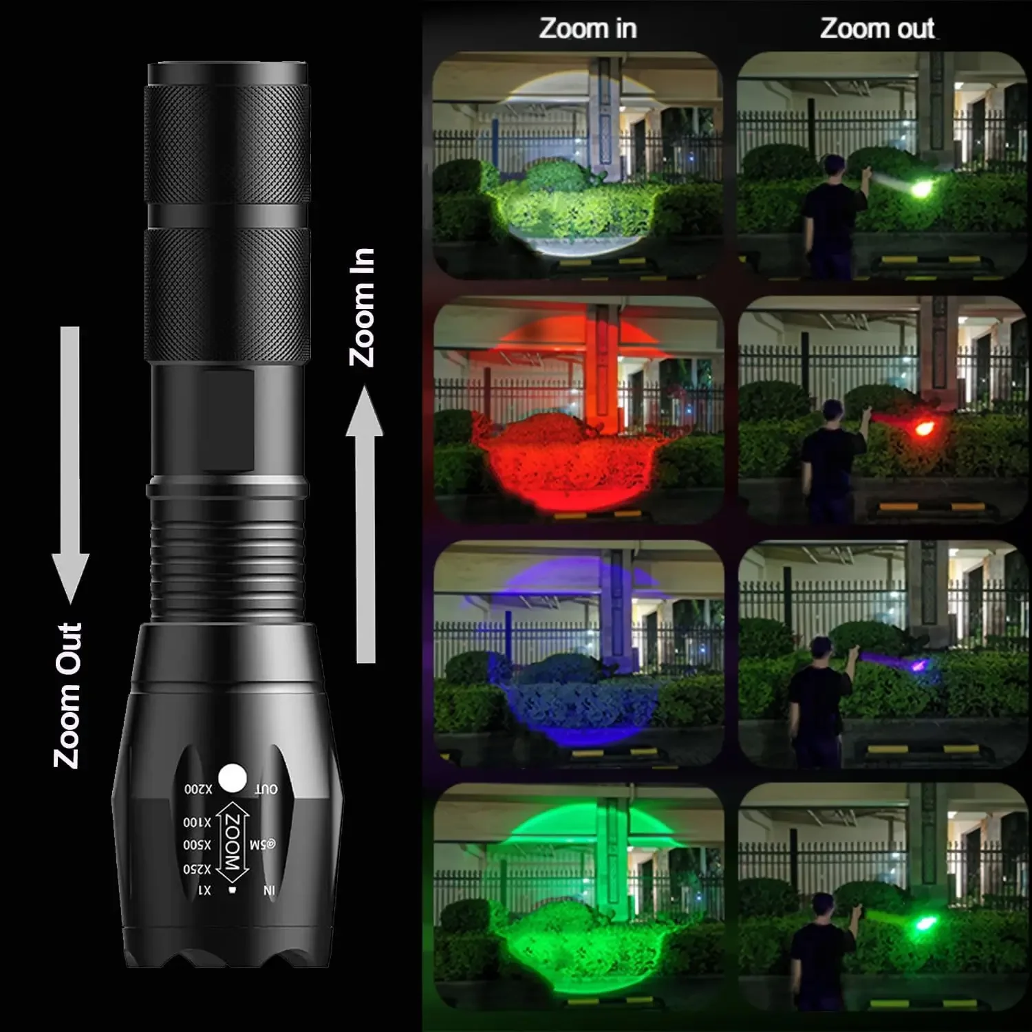 Multifunctional LED Flashlight White Red Blue Green Blue Light 4 Colors in 1 LED Flashlights 4 Modes Zoomable Rechargeable Torch