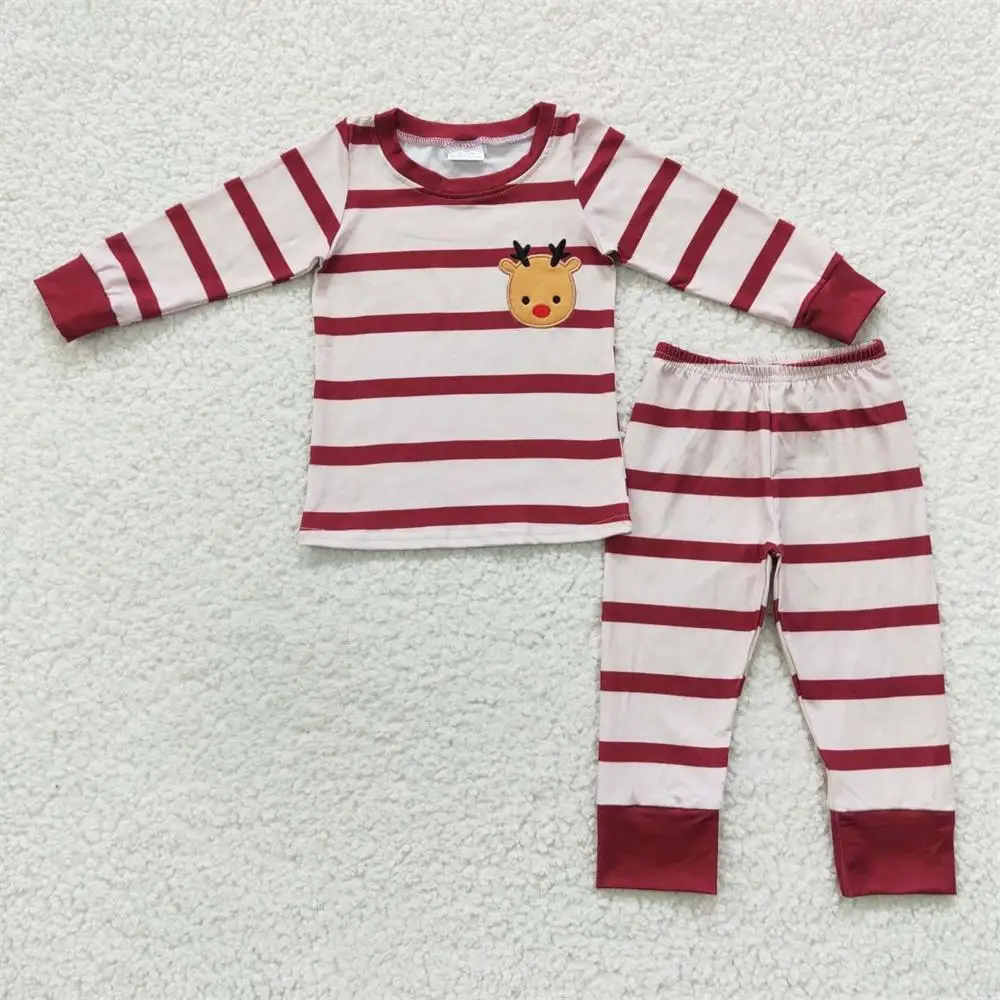 

Children Christmas Embroidery Reindeer Outfit Red Stripes Set Baby Boy Girl Nightwear Pants Sleepwear Kid Toddler Cotton Pajamas