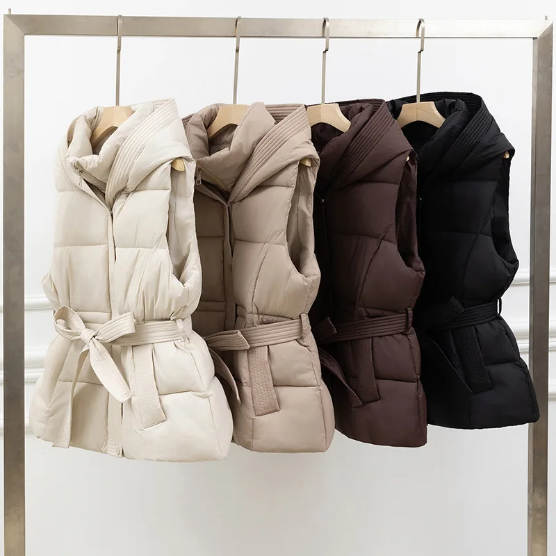 

Women Vest Jackets Casual Solid Short Coats Lace Up Hooded Sleeveless Zipper Pockets Loose Cinched Waist Office Lady 2025 Winter
