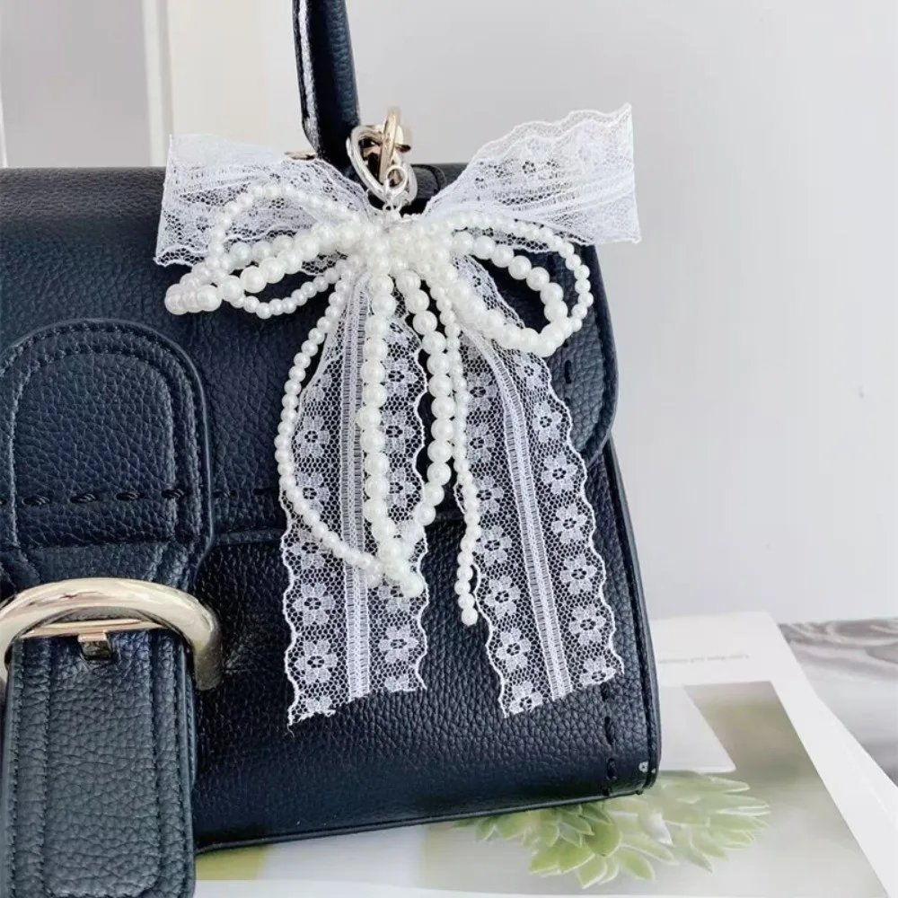 Cute Lace Keychain Y2K White Pearl Beaded Pendant Aesthetic Bow Bowknot Keyring Package Accessory