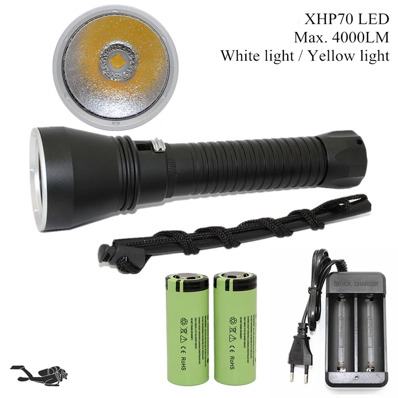 

XHP70.2 LED Yellow/White Light 4000 Lumens Diving Flashlight 26650 Torch Underwater 100M xhp70.2 spearfishing led diving lamp