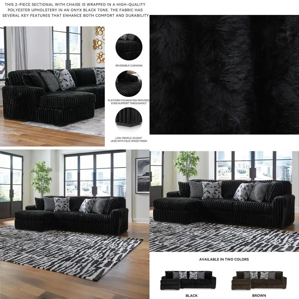 Sectional Sofa with Chaise, Wooden Accent Legs, Fabric Upholstery, 120W x 65D x 40H, Black