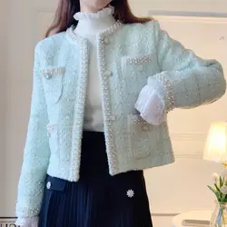 Women Coarse Tweeds Pearls Beaded Jacket Woolen Plaids Weaved Cardigan High Waist Rhinestones Beading Crystal Buttons Coat Tops