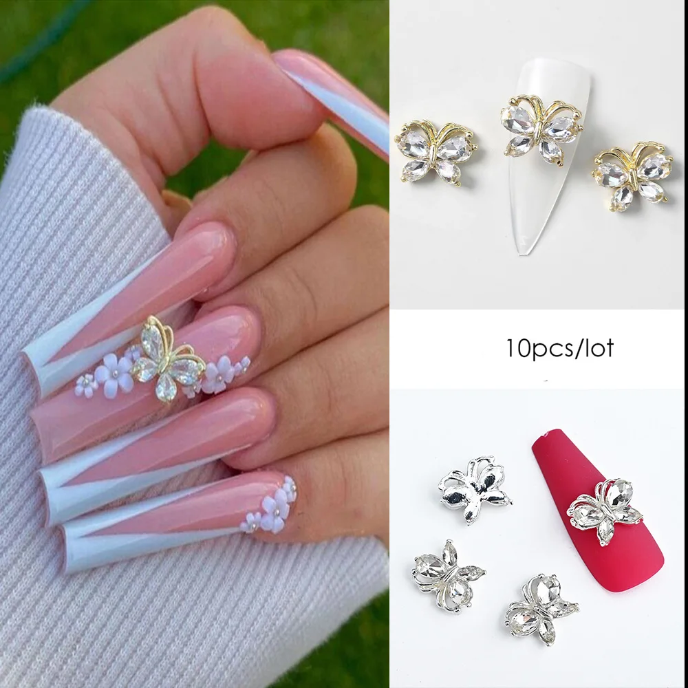 10 sztuk stop motyl cyrkon do paznokci Rhinestone z różowymi kwiatami/perłą 3D motylkowe zawieszki do paznokci dla majsterkowiczów akcesoria do Manicure