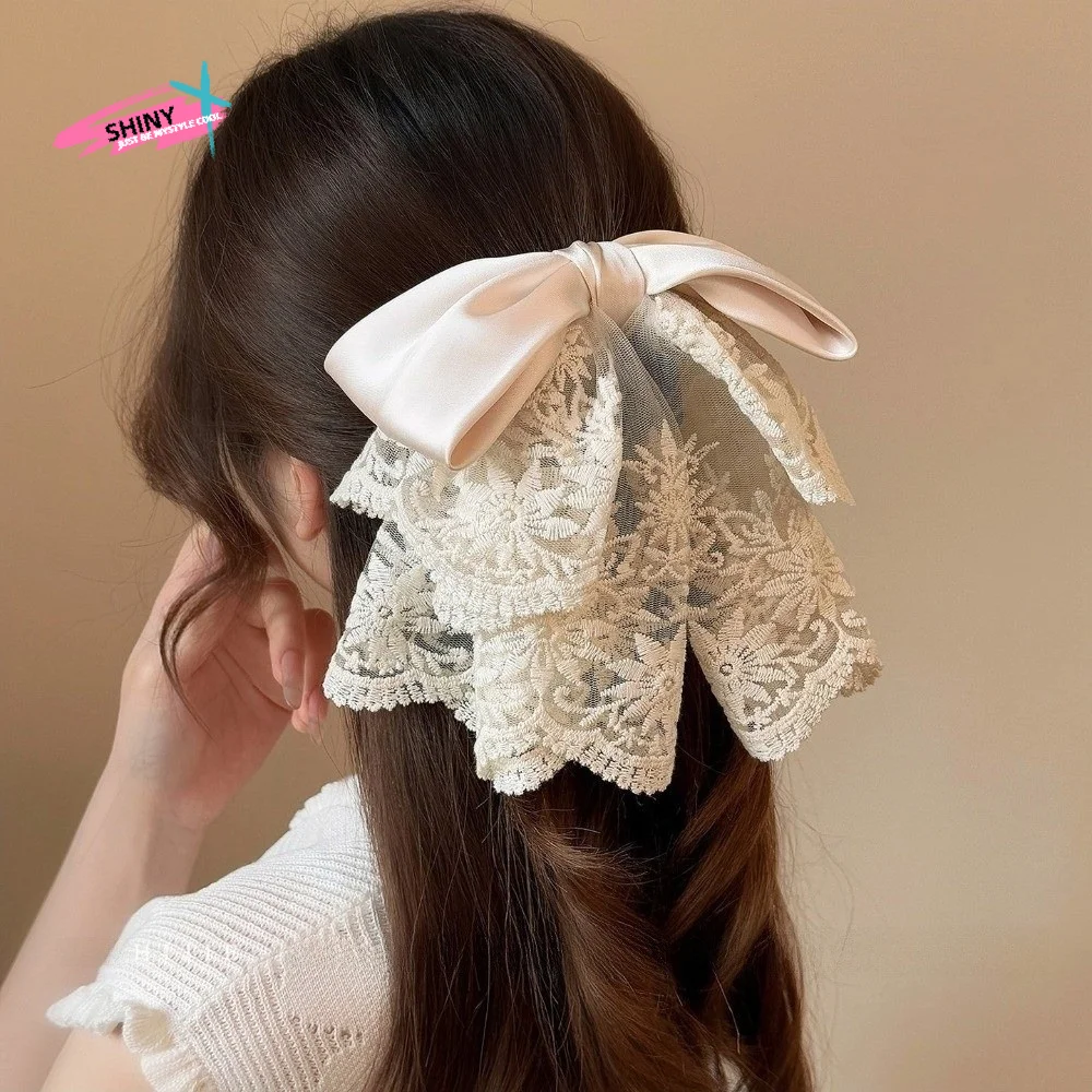 

Bowknot Bow Ponytail Hair Grip Embroidered Mesh Vintage French Lace Hair Clip Temperament Elegant Satin Hair Accessories