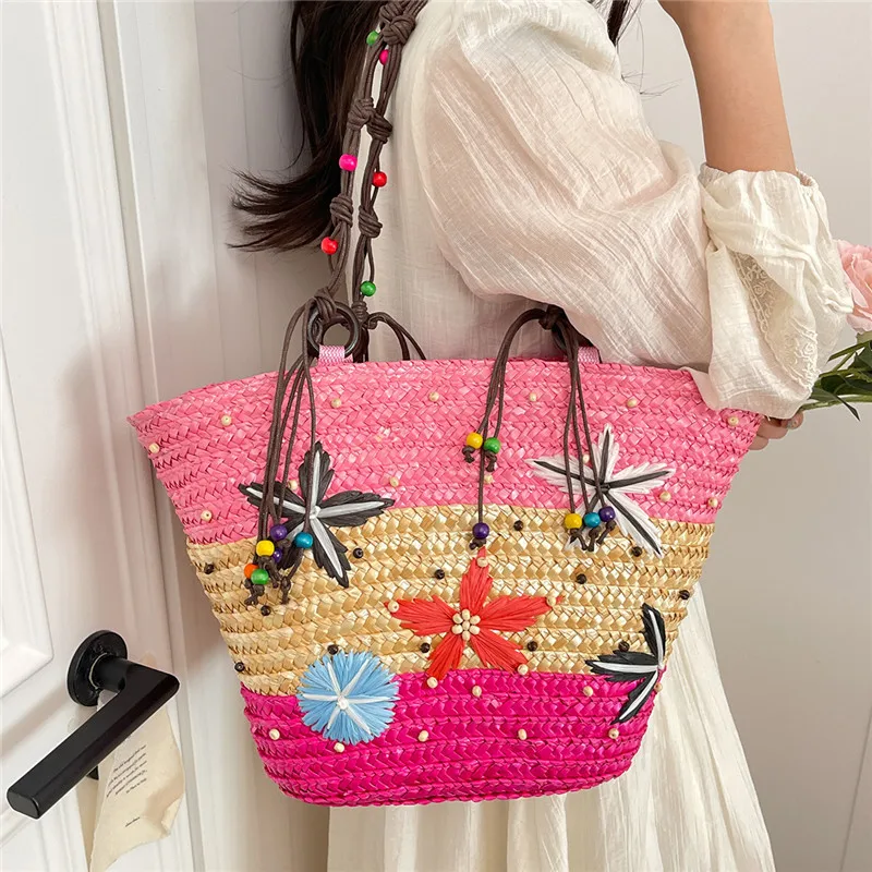

Women's Fashion Bohemian Straw Tote Bag Starfish Beaded Woven 2026 New Summer Beach Holiday Shoulder Handbag Large Capacity