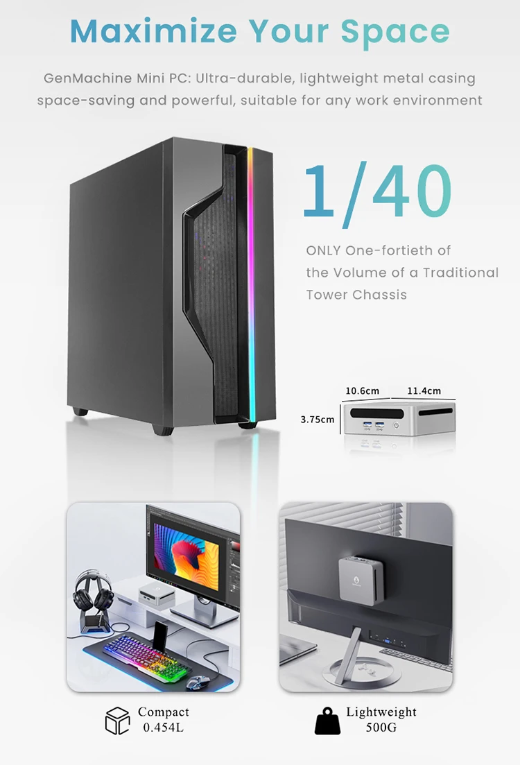 GenMachine Mini PC Computer Gaming AMD Ryzen 5 5625U 6 Core 12 Thread 4.3GHz 15W Dual HDMI LAN WIFI6 Office DDR4 NVMe Computer