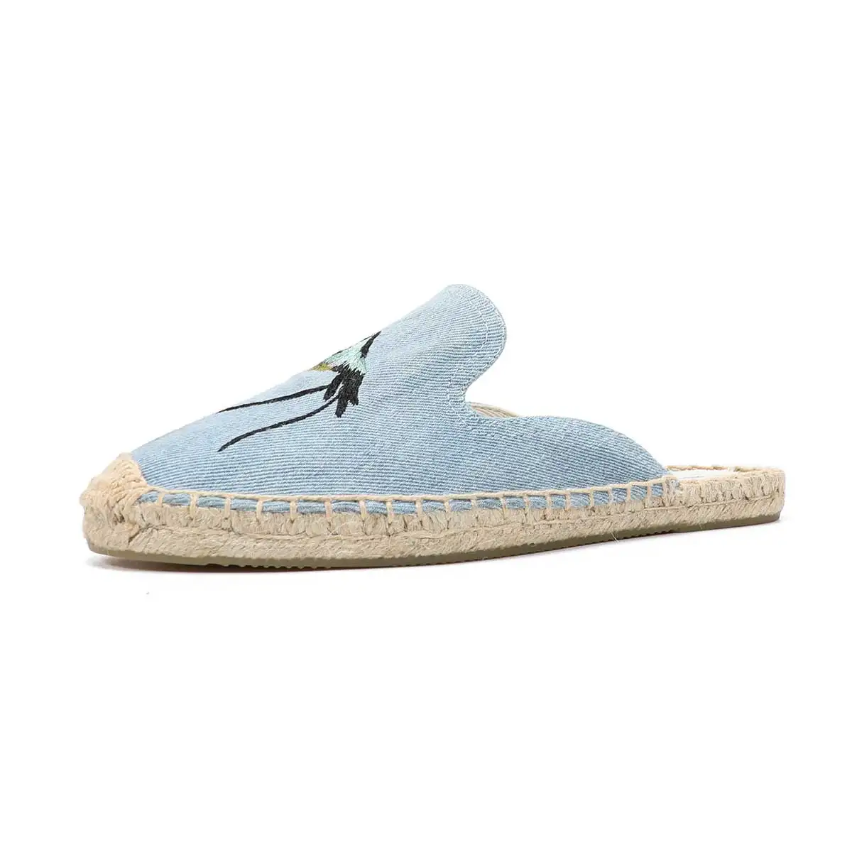 Ladies Summer Fashion Toe Slippers Sandals Flat Comfortable Breathable Slip-On Espadrilles Denim Floral Embroidered Mules