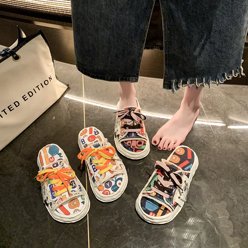 Women Fashion Platform Slippers Summer Cute Cartoon Graffiti Canvas Sandals Outdoor Comfortable Light Casual Flats Plus Size 42