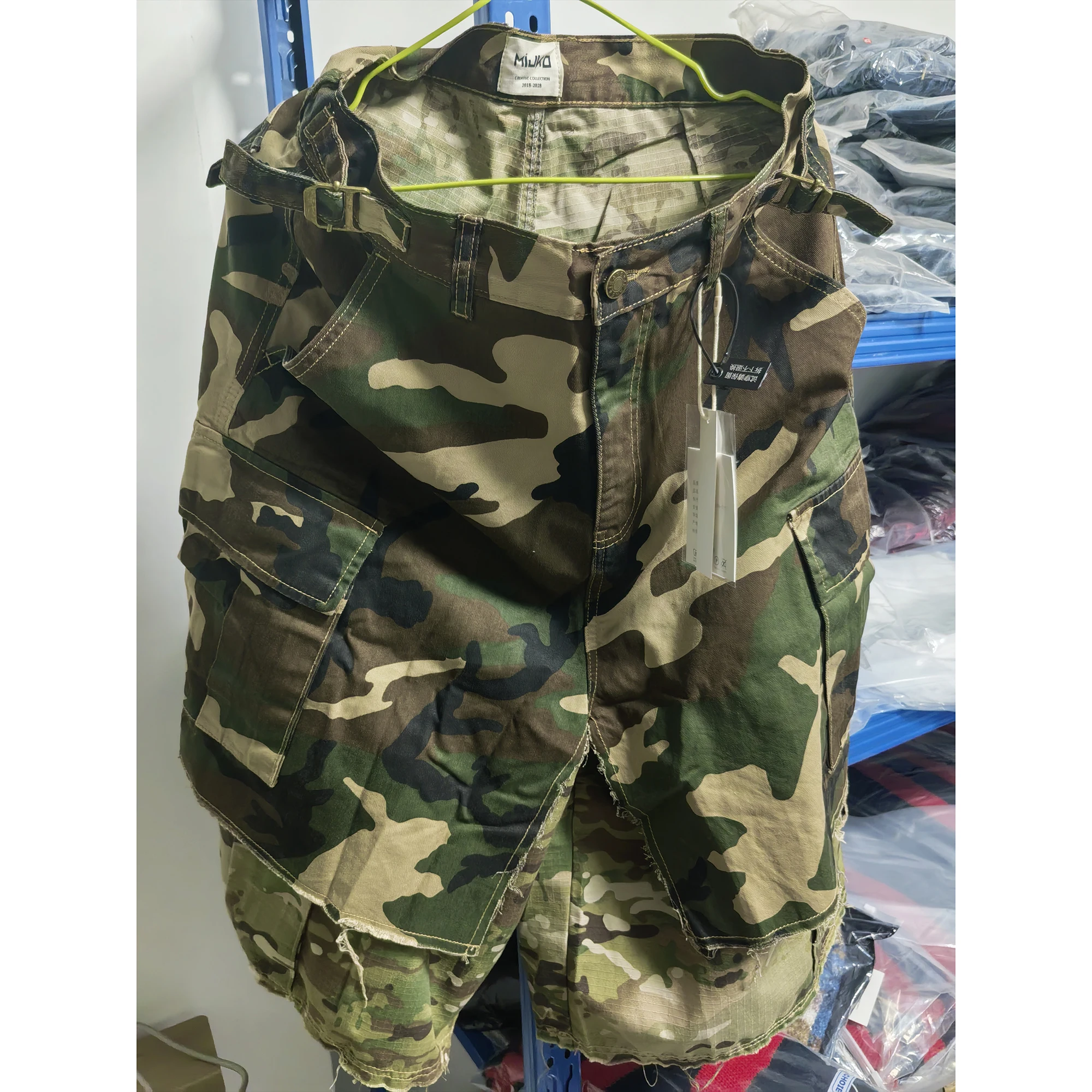 American Vintage Distressed Worn-out Fake Two-piece Camouflage Wide-leg Denim Cropped Shorts Hip Hop Camo Cargo Jeans Shorts