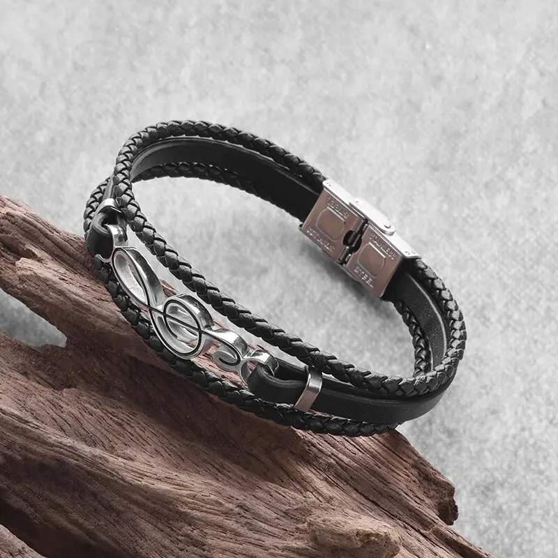 Classic multi-layered leather metal braided guitar treble clef notes leather bracelet men's trendy rock hip-hop cool jewelry