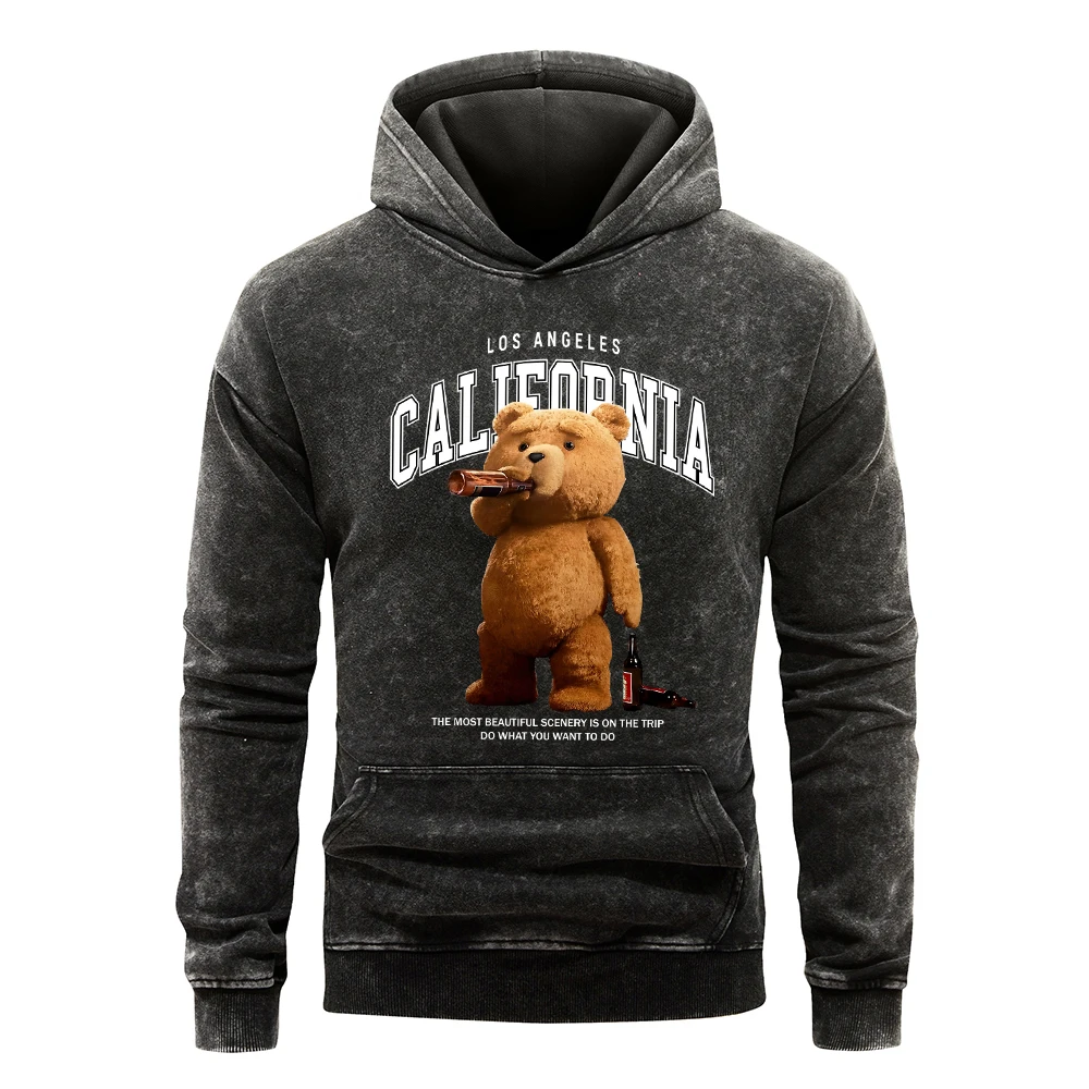 A Bear Drinking Beer Kawaii Prints Washed Hoodie Men Distressed All-Match Hoody Autumn Loose Hoodies Cotton Pocket Pullovers