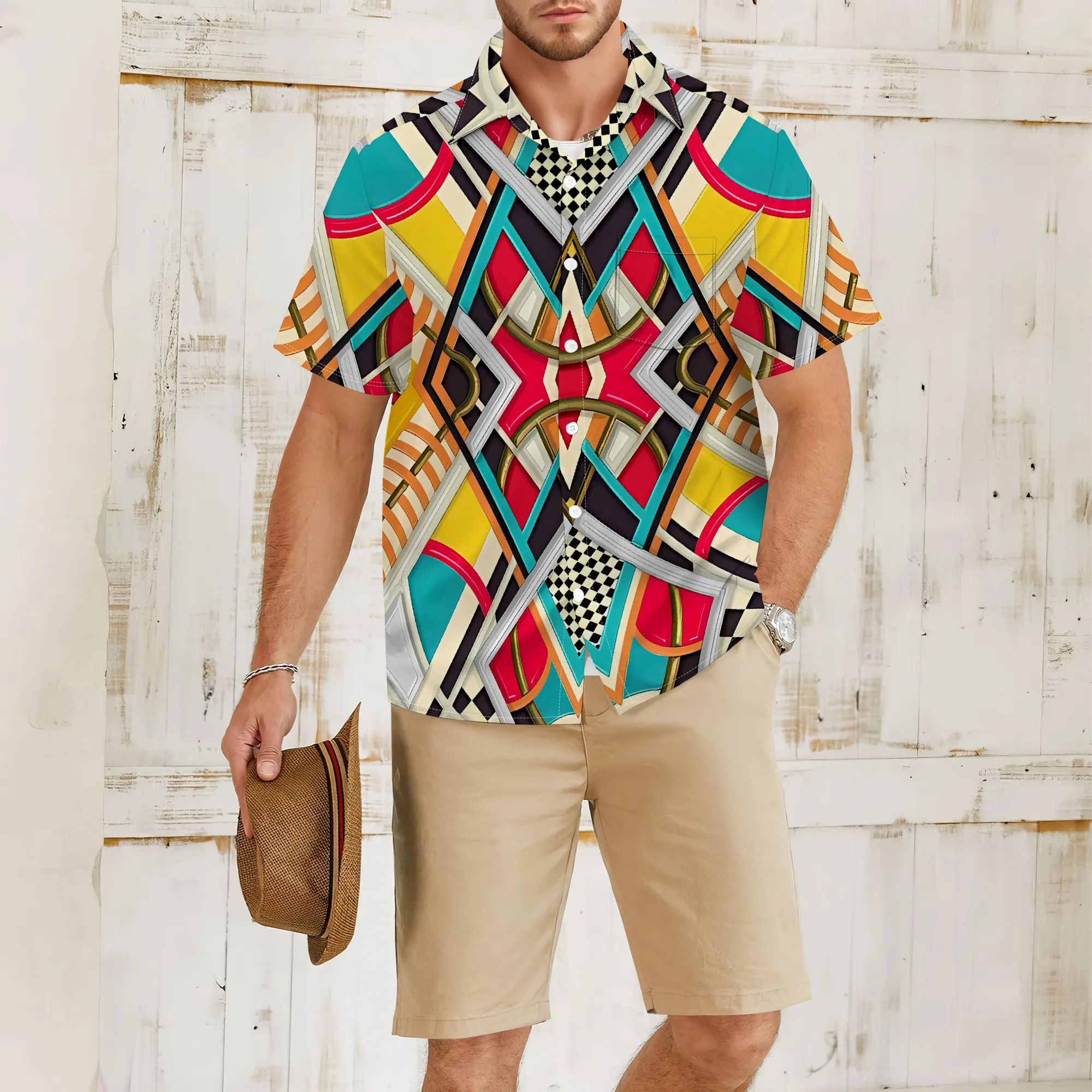 

YEAE Colorful Geometric Patchwork Print Shirt for Men Summer Casual Short Sleeve Top