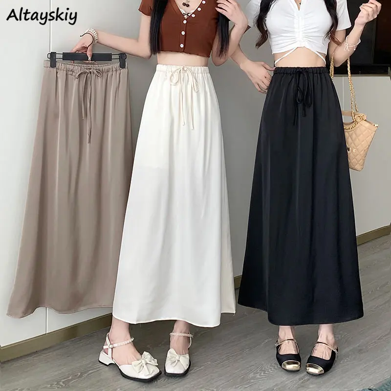 

Maxi A-line Skirts Women 3 Colors Basic Lace-up Summer Office Lady Graceful Leisure High Waist Ulzzang Simple All-match Faldas