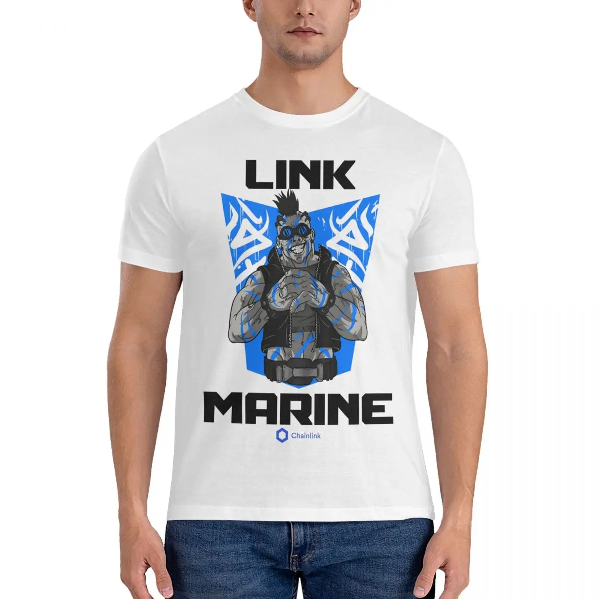 Cryptocurrency Link Marine T Shirt Men's Pure Cotton Vintage T-Shirts Round Neck Chainlink Tees Short Sleeve Clothes Unique