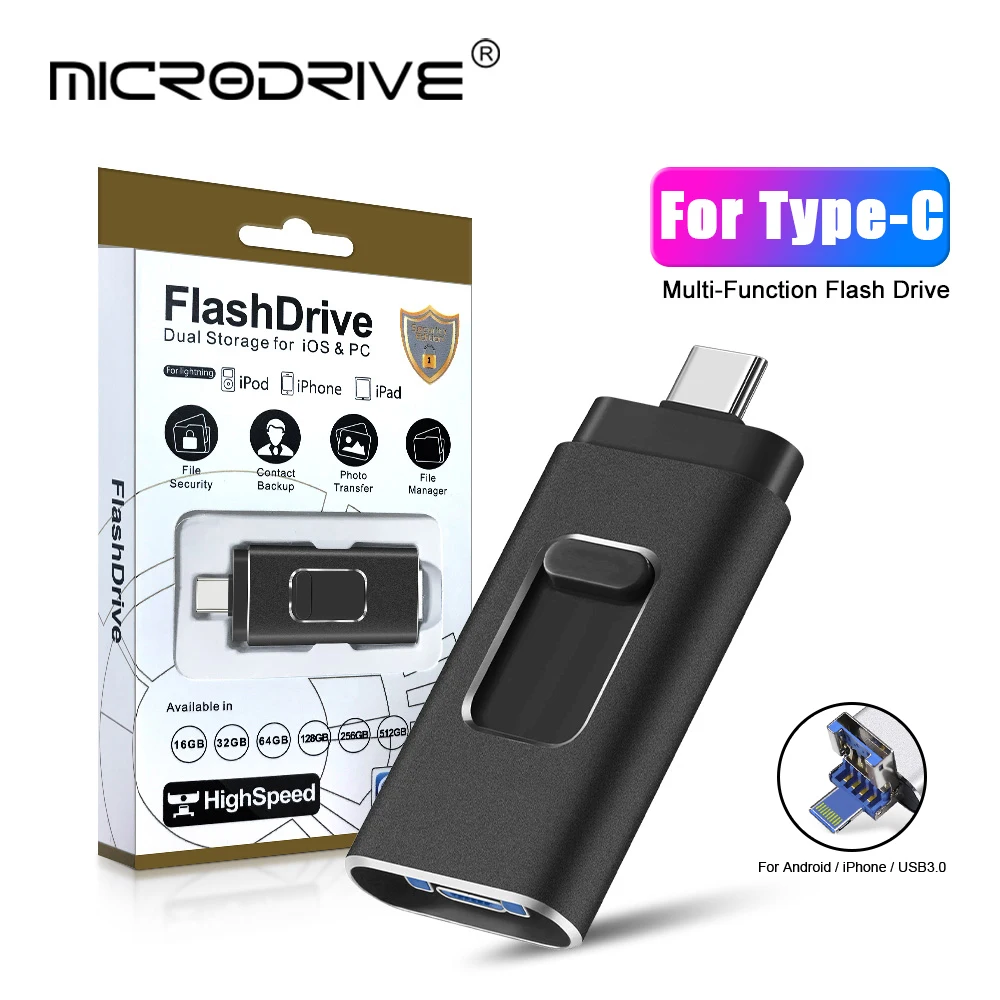 USB Flash Drives 4 in 1 Type C Compatible IPhone/iOS/Apple/iPad/Android & PC 256GB Lightning OTG Jump Drive 3.0 USB Memory Stick
