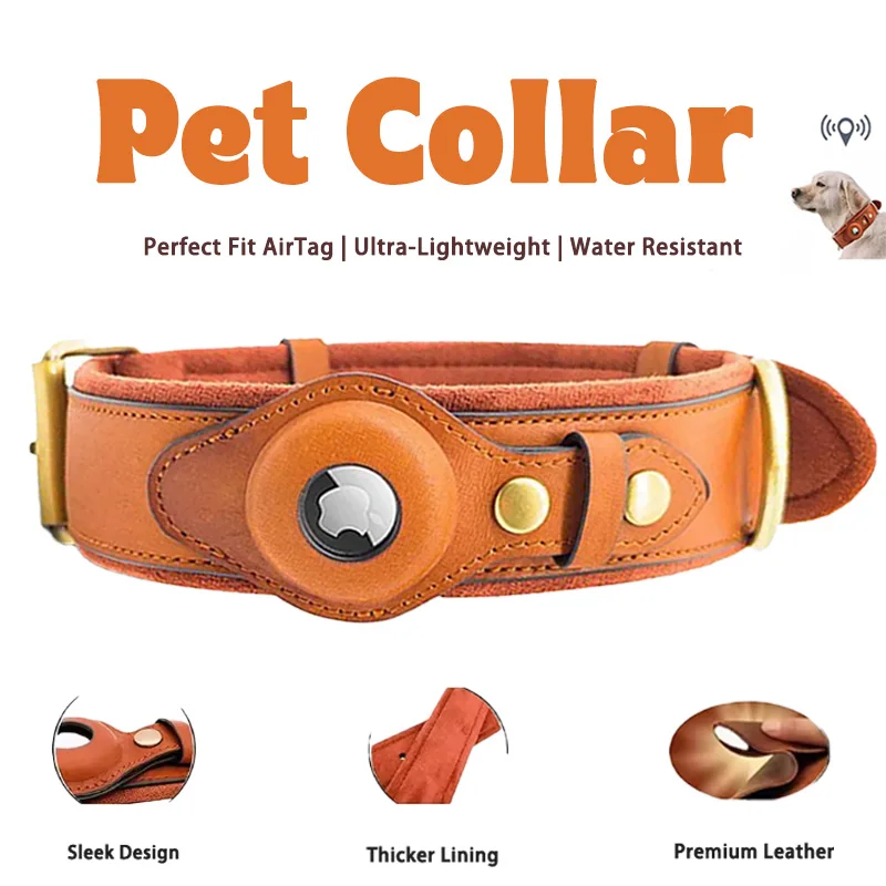 

Premium Leather AirTag Dog Collar with Anti-Lost Tracker support Location Tracking Adjustable Protective Holder Case for Pet