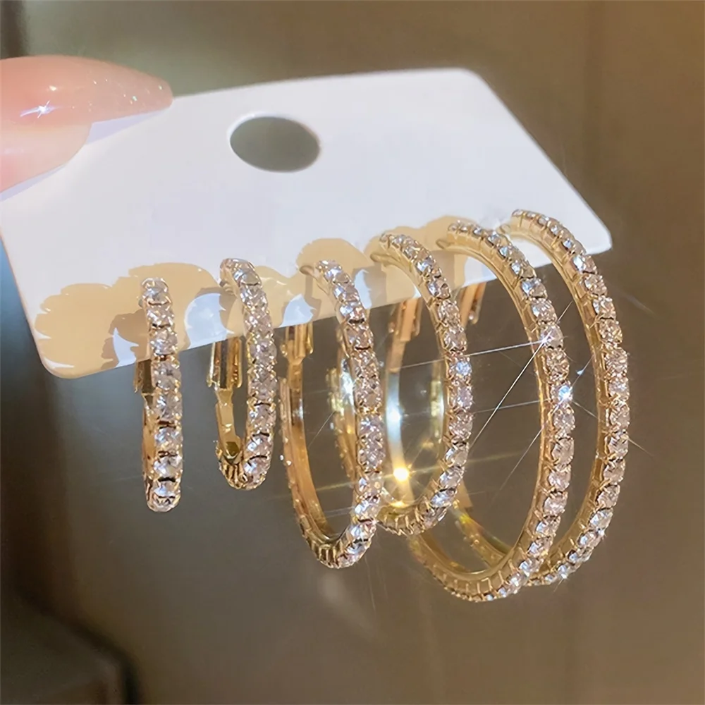 1-3 Pairs Set Sparkling Exaggerated Full Paved Rhinestones Round Circle Hoop Earrings for Women Simple Shiny Earring Jewelry