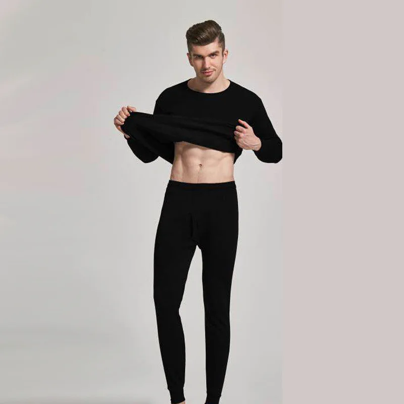 Men's pure color warm winter underwear with added padding and thickening. Winter slim-fit long-sleeved tops and pants with round