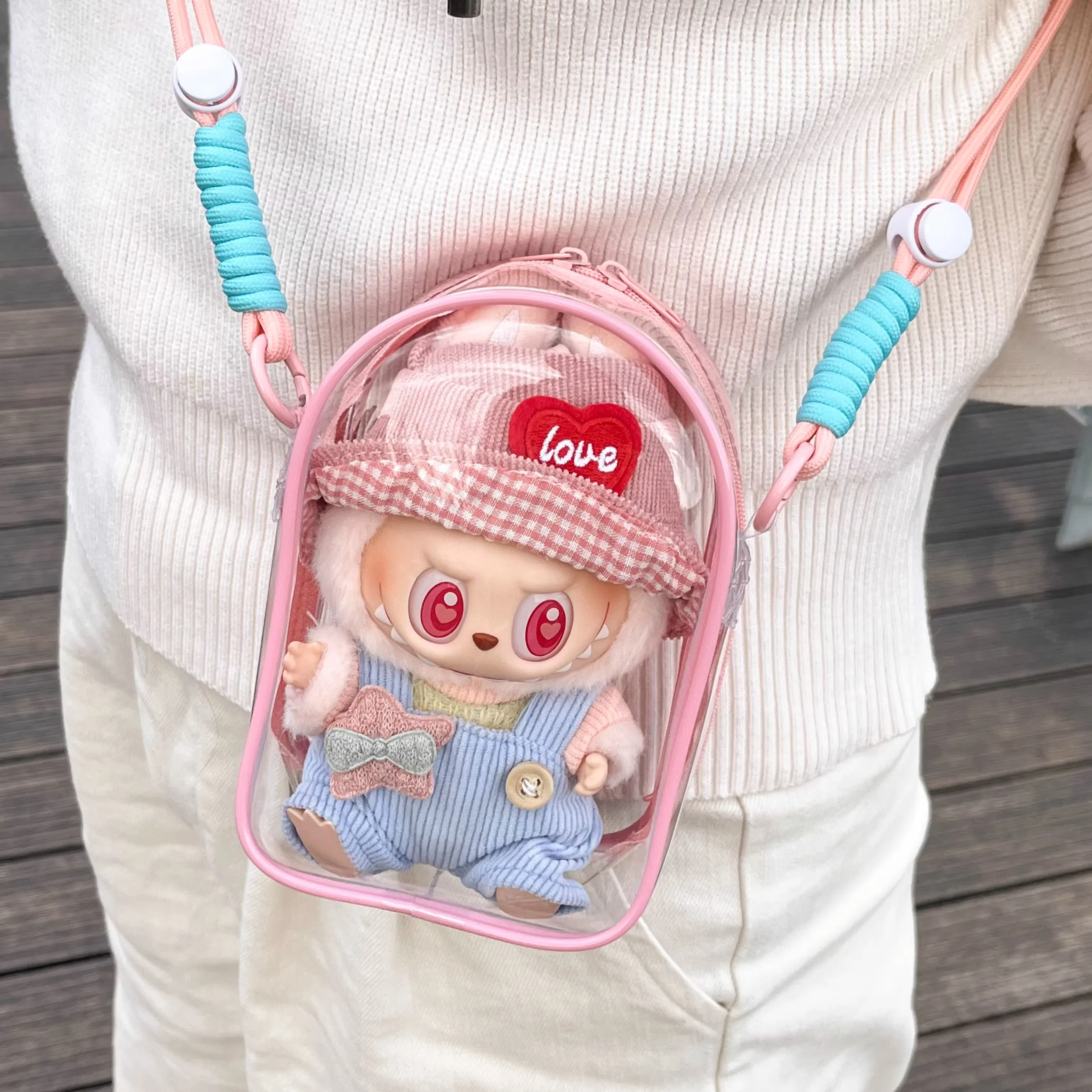 Labubu Protect Case Labubu Sitting Party 15cm Cotton Doll Shoulder Pain Bag PVC Storage Bag Labubu Walk Bag Dustproof