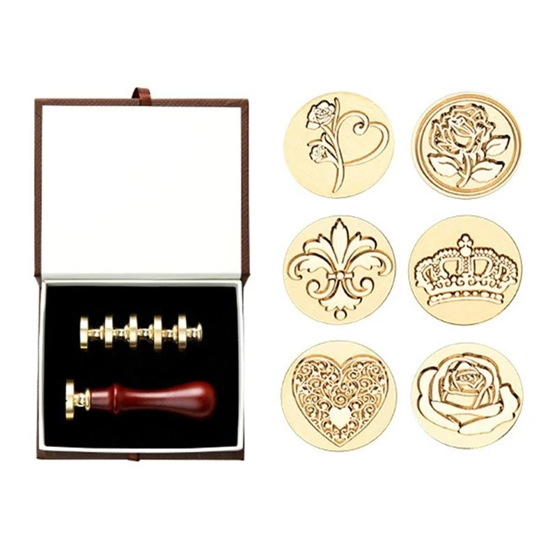 E06B 6pcs Wax Seal Stamp Heads with Wooden Handle Set Crafts for Wedding Invitation