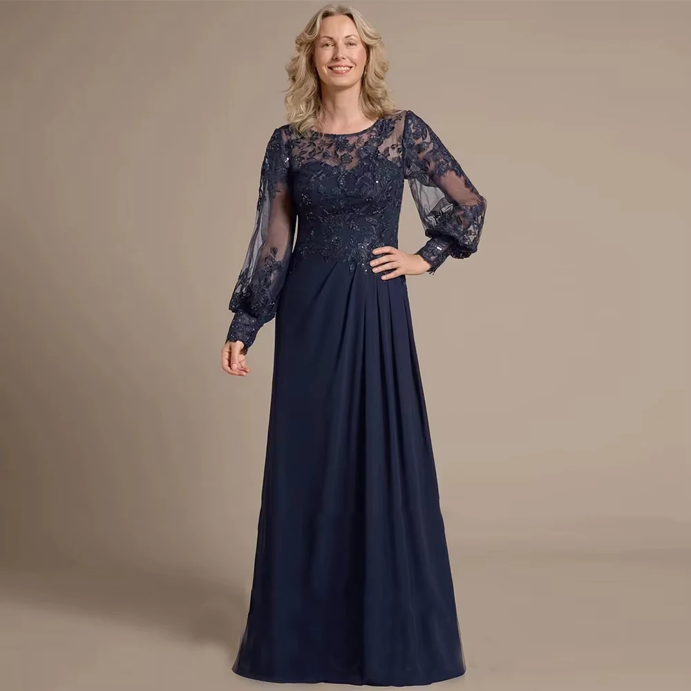 

Customized A Line Mother of Bride Dresses Chiffon Lace Formal Gown Lantern Sleeve For Women Sequined Wedding Party Dresses