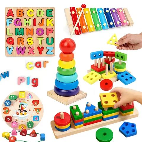 Montessori Wooden Block Toys Children Geometric Shape Color Sorter Block Puzzles Toddler Sorting Math Bricks Stacking Toys
