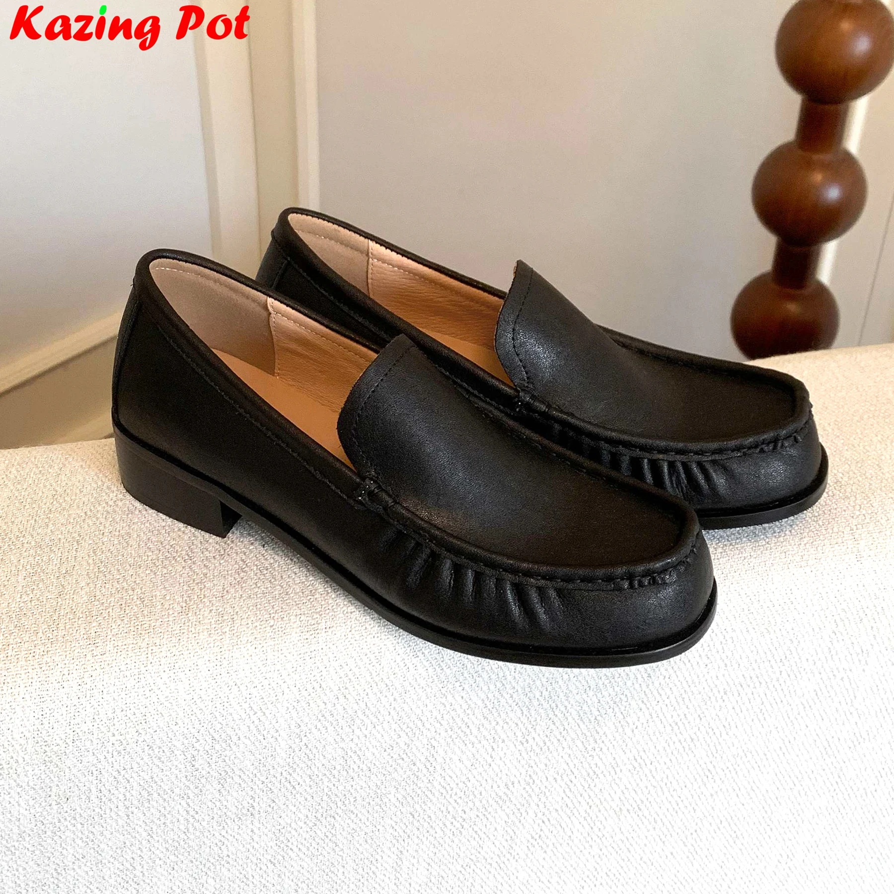 Big Size 33-43 Cow Skin Round Toe Spring Autumn Office Lady Shoes Med Heels Slip On Loafers Shallow Brand Pleated Women Pumps