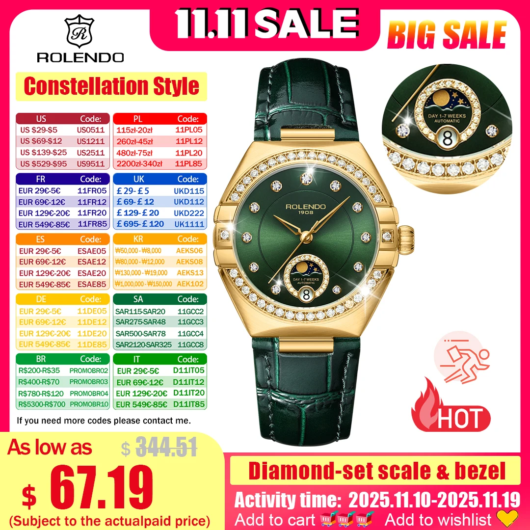 ROLENDO Constellation Style Automatic Women's Watch Secret Emerald Strap Green Dial Day-Date Sapphire Crystal Waterproof Elegant