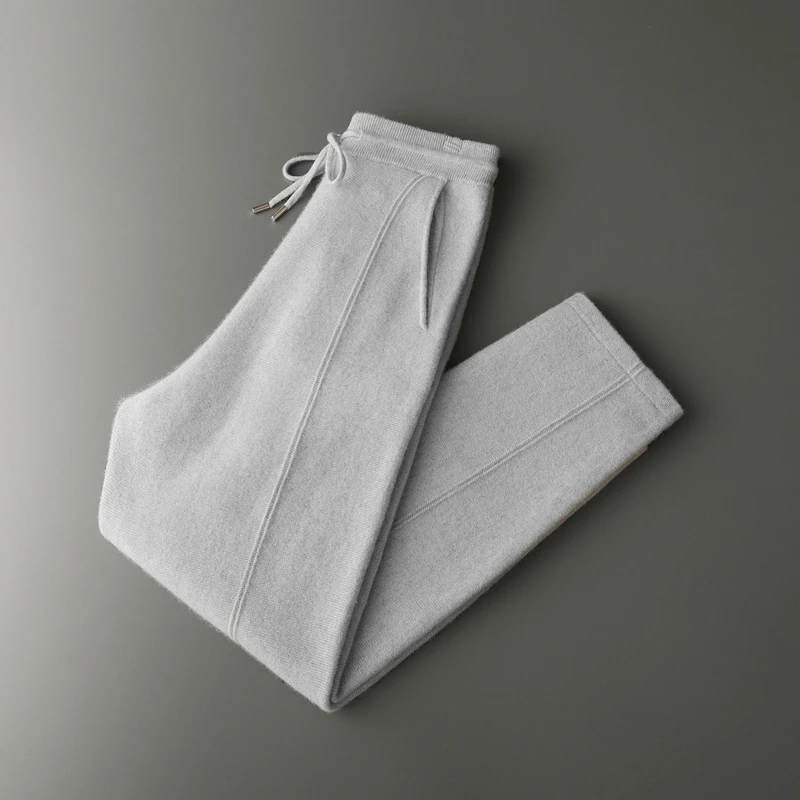 100% Cashmere Air-Layer Elastic Waist Slim-Fit Pants Men Fashion Casual Long Pants Autumn Winter Classic Sports Knitted Pant