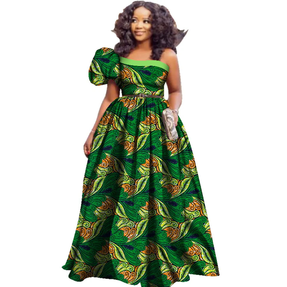 Bintarealwax Fashion African Dresses for Women One Shoulder High Waist Big Hem Party Dresses African Long Maxi Dresses WY2425