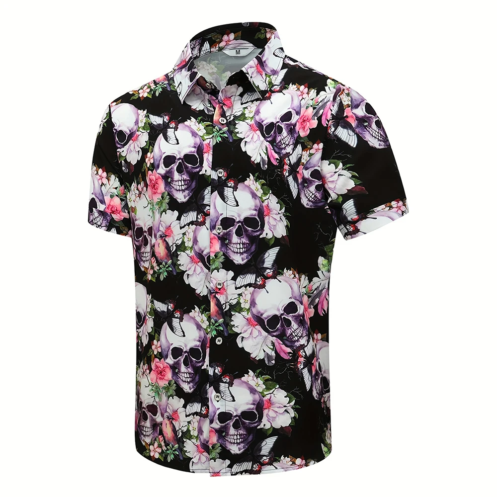 

Men'S Plus-Size Shirt 2024 New Fashion Pink Floral Print Shirt With Skull For Men Casual Lapel Button-Up Short-Sleeved Shirt