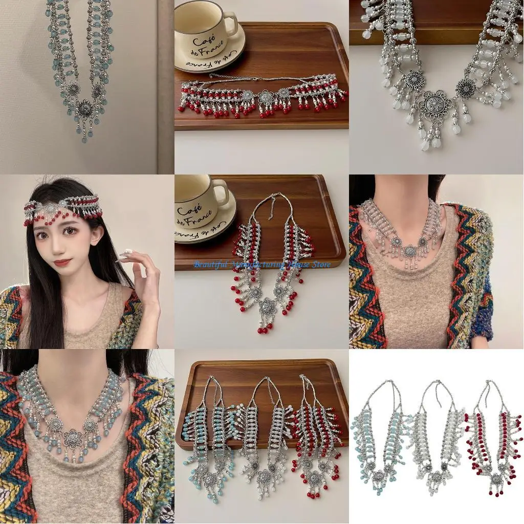 

E56A Bride Head Chain Layered Tassle Forehead Crystal Prom Hair Jewelry Layered Beads