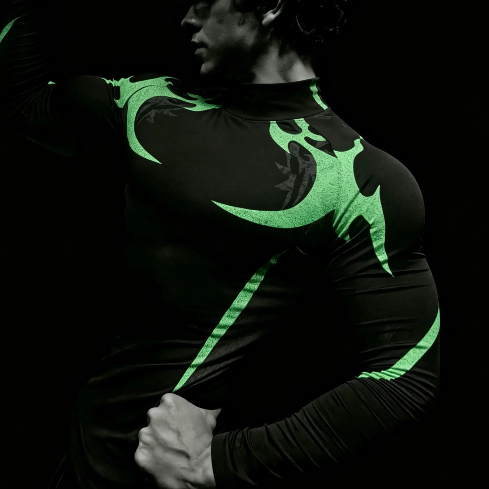 Men’s Tribal Graphic Mock Neck Compression Long Sleeve Shirt, Stretch Athletic Workout Top