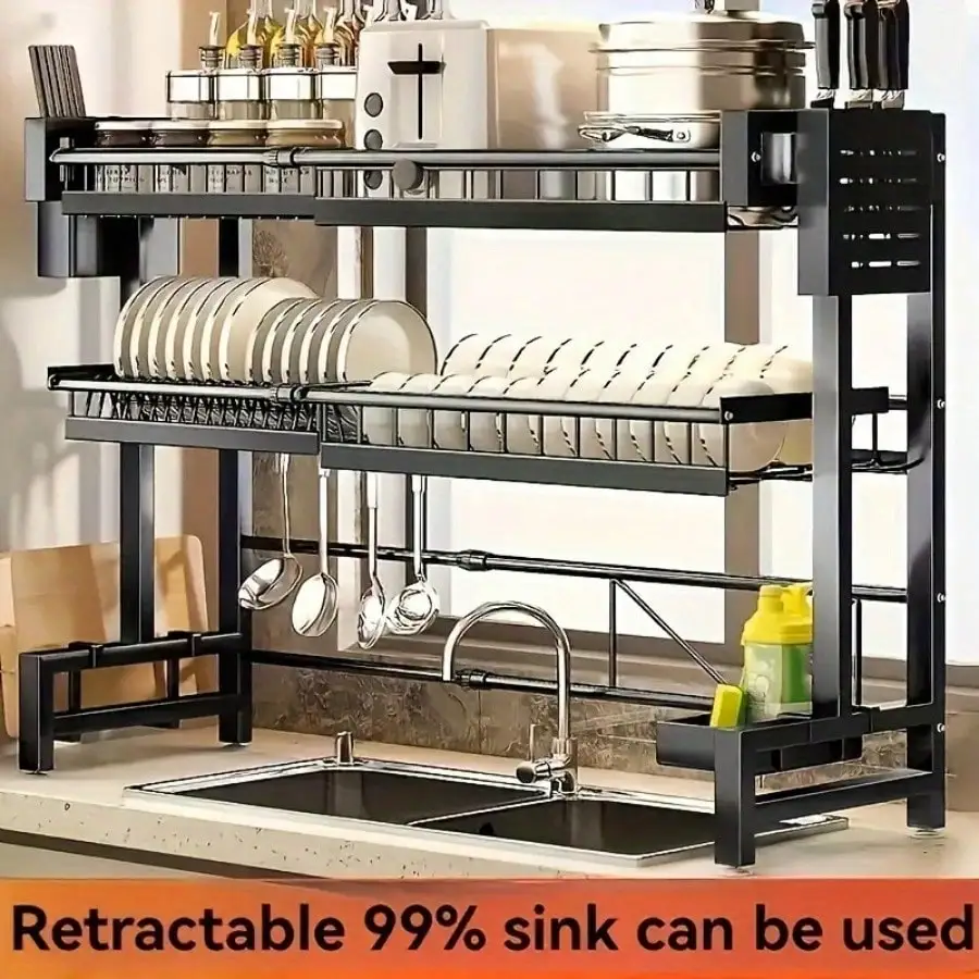 

1pc Countertop Dish Storage Drainage Rack Expandable Kitchen Sink Shelf Dish Rack Drainer Black Kitchen Organizer