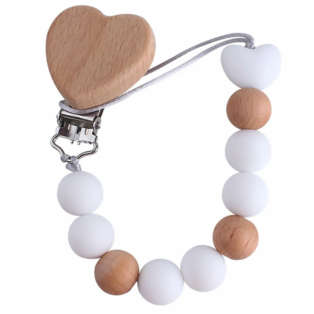 

Pacifier Clip Premium Silicone Wood Beads Baby Stroller Crib Teething Ring Holder Infant Teether Pendant Safe Non-Toxic Chain