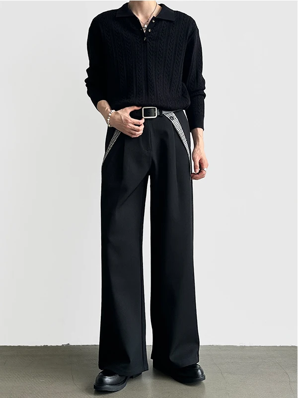 

Spring Autumn Plaid Splicing Wide Leg Men's Casual Straight Tube Trousers Loose Comfortable Commute Long Pants