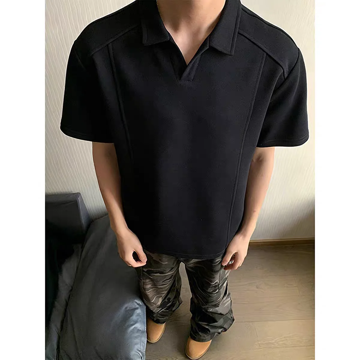 

American Style Short Sleeve Shirt Men's Summer Deconstructed Patchwork T-Shirt Handsome High-End Feeling V-Neck Half Sleeve