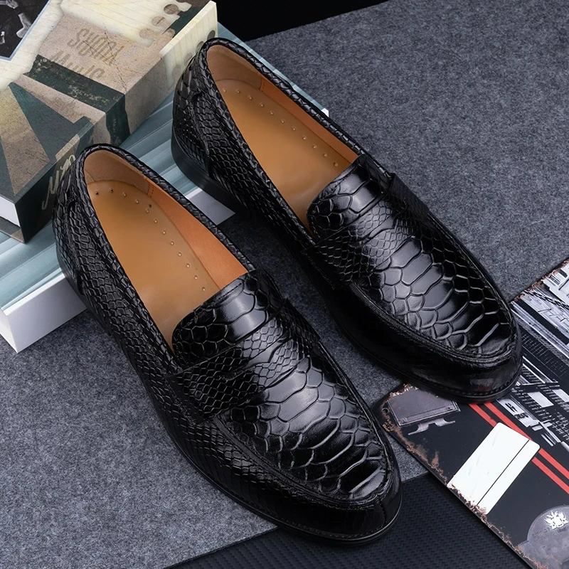 Snake Printing Leather Men Shoes Loafers Design Slip on Daily Casual Shoe Genuine Cowhide Handmade Sewing Comfortable Dress Shoe