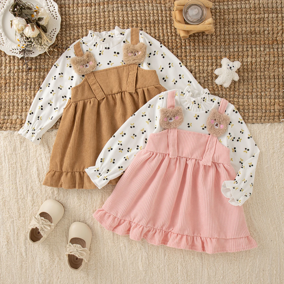 

Toddler Girl Dress Lovely Cherry Print Bear Decoration Long Sleeve Dress for Kids Girl Spring Autumn Outing Clothing