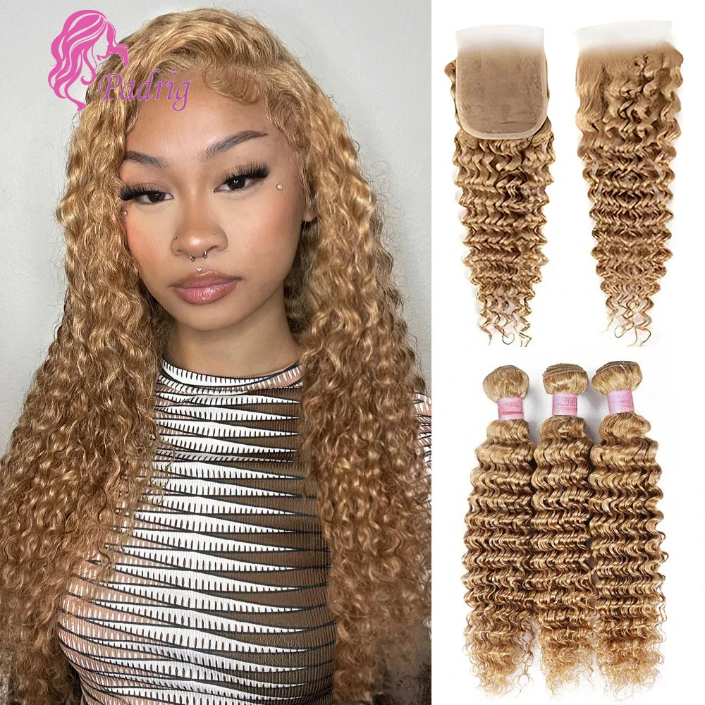 # 27 mechones rubio miel con cierre de encaje 4x4 onda profunda 100 g/unidad paquete de cabello humano virgen brasileño extensiones de cabello de doble trama