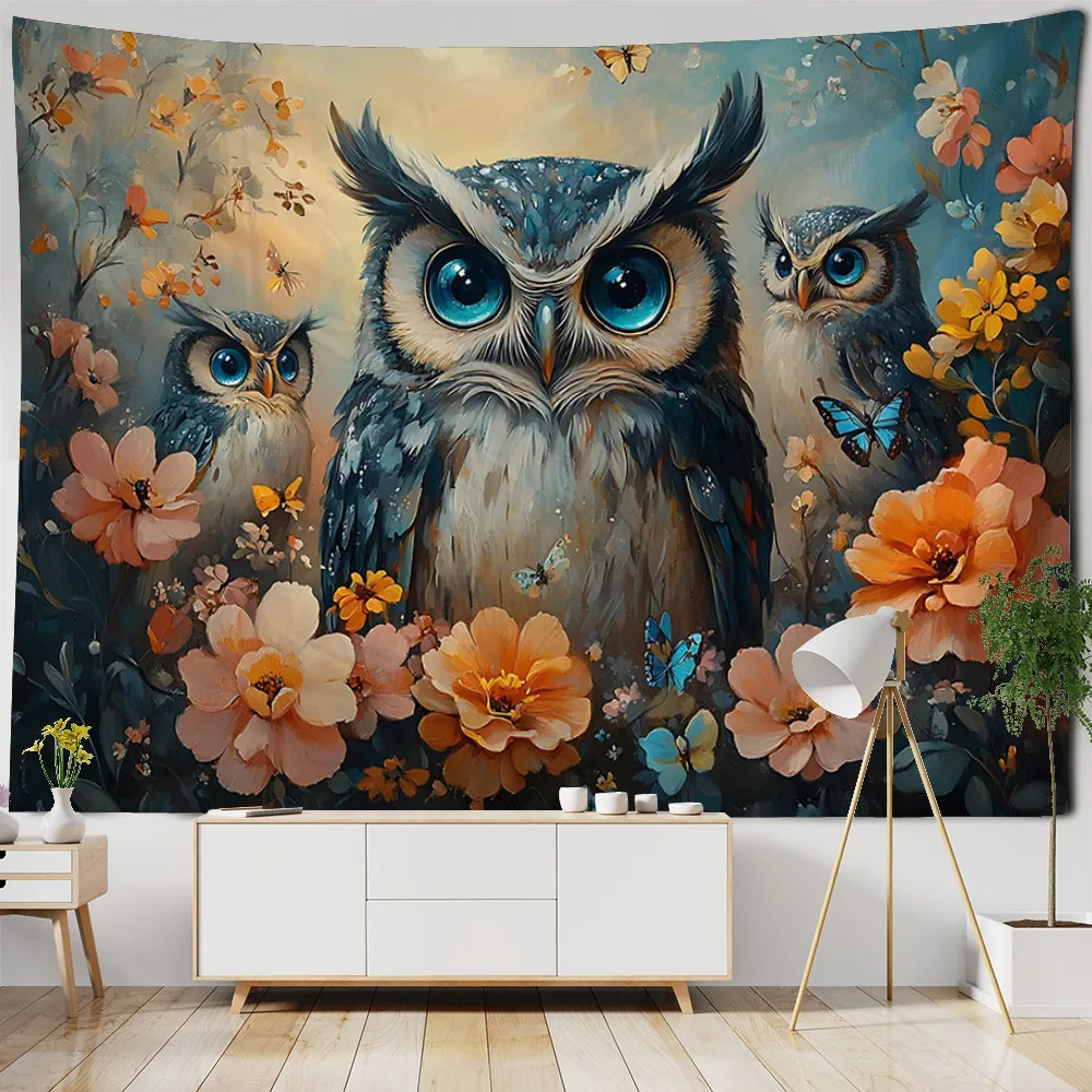 

Psychedelic owl tapestry hippie colorful art wall hanging animal aesthetics home decoration bedroom wall art blanket