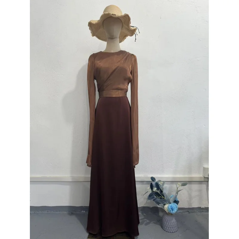 Robe longue en Satin pour femmes, Patchwork de fil de verre, manches larges, Slim, à la mode, élégante, nouvel an 2025