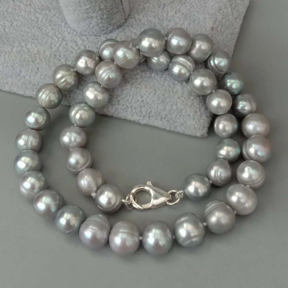

10-11mm Cultured Silver Gray Potato Pearl Necklace 17" 925 Silver Clasp