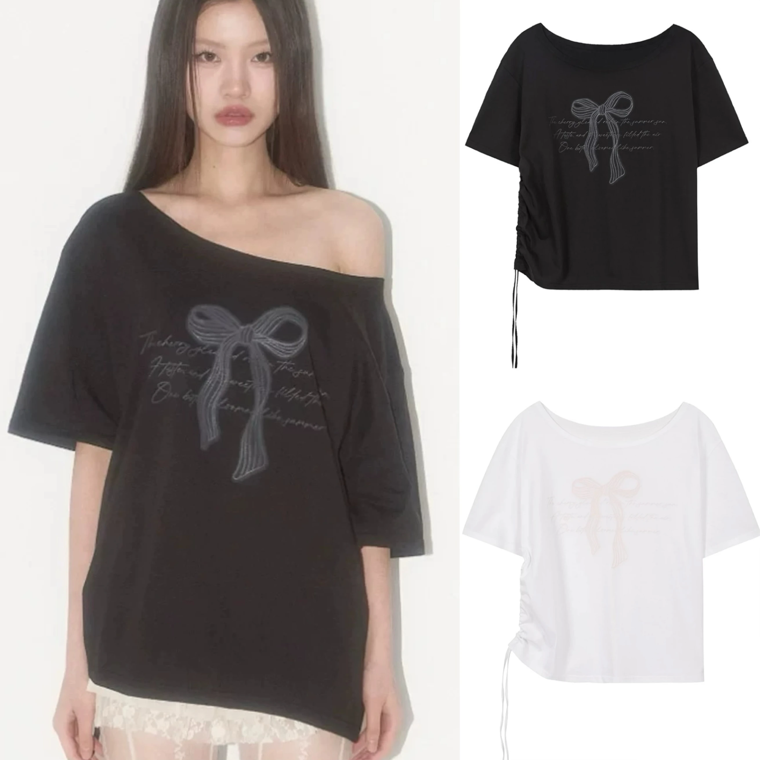 

oulder Bared T irt Women Loose Casual Versatile Knot Print Dstring Oblique Collar Pure Desire Aosphere