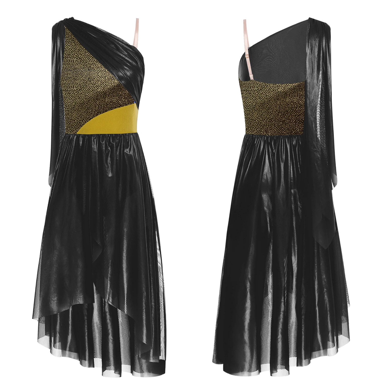 Vestido feminino contemporâneo de dança lírica, fantasia sem mangas com babados, cor metálica, bloco assimétrico, vestido de tule dividido